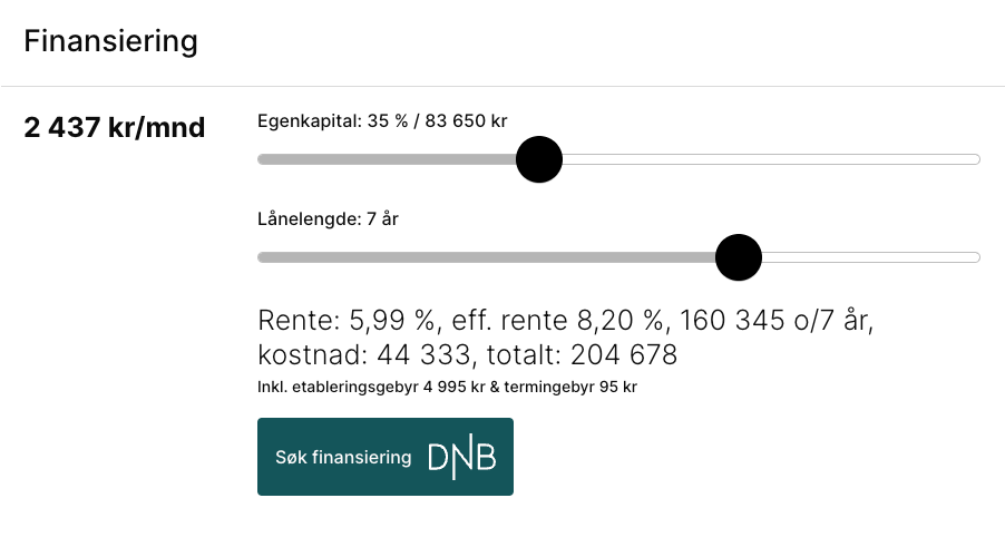 Skjermbilde av DNB bruktbil lånekalkulator