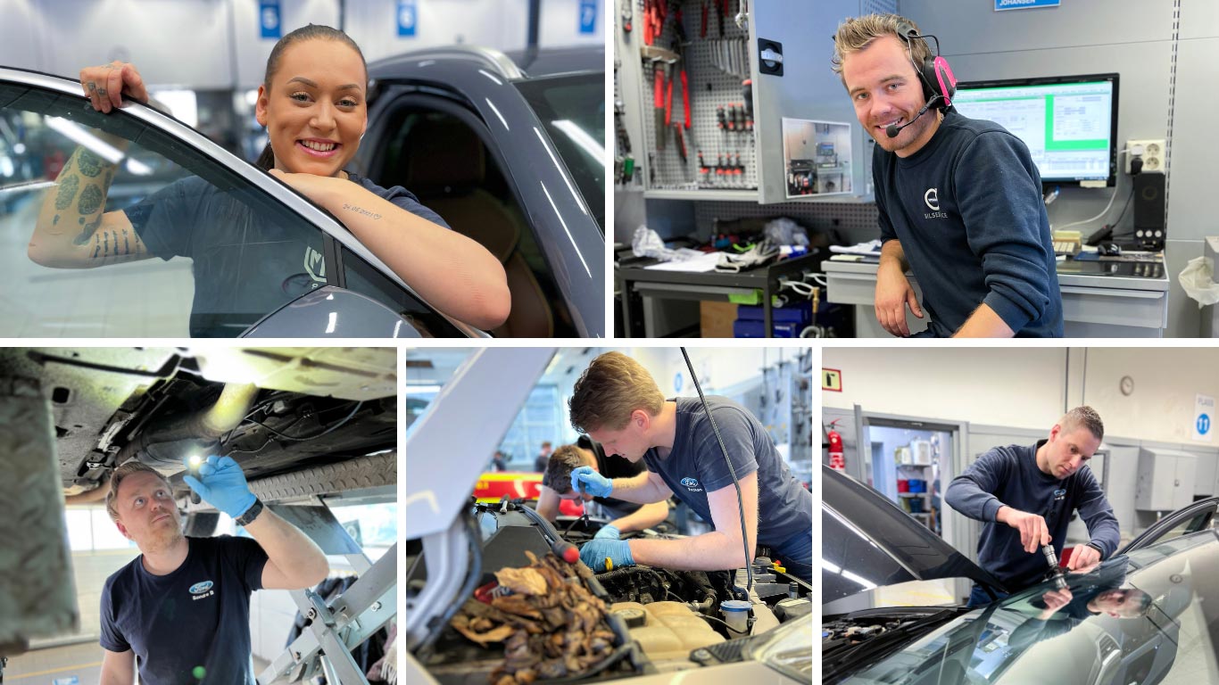 Collage med mange servicemedarbeidere fra Bilservice